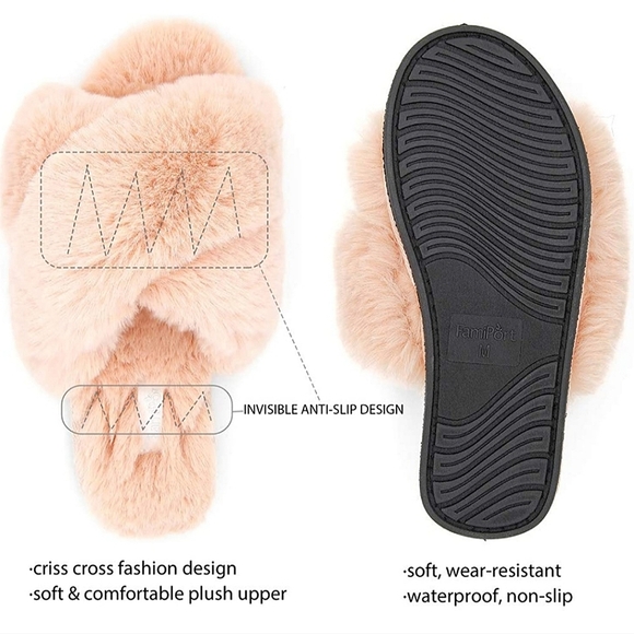 Tan/Peachy Fluffy Cross Band Slippers - Picture 3 of 7